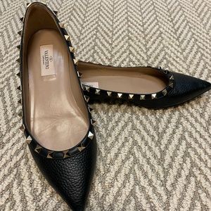 Valentino Rockstud Black Pebble Leather Ballet Flats, Size 38